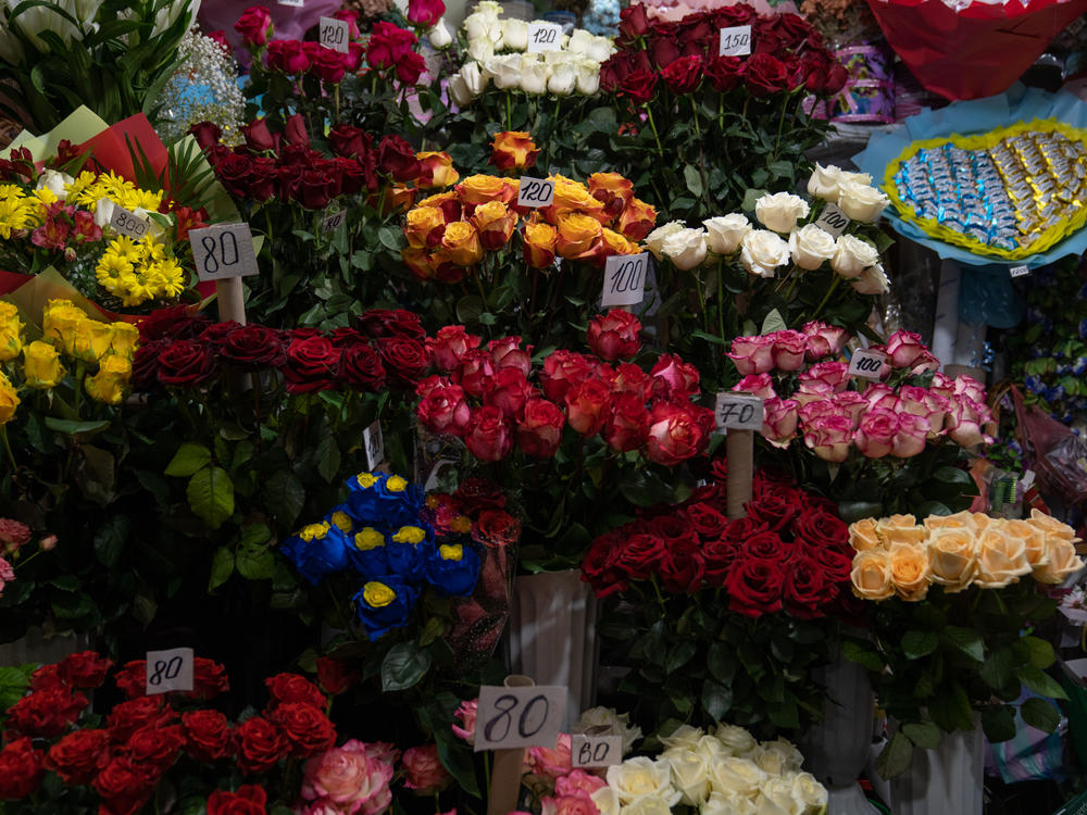 Flowers for sale at a shop in Kramatorsk, near the train station.