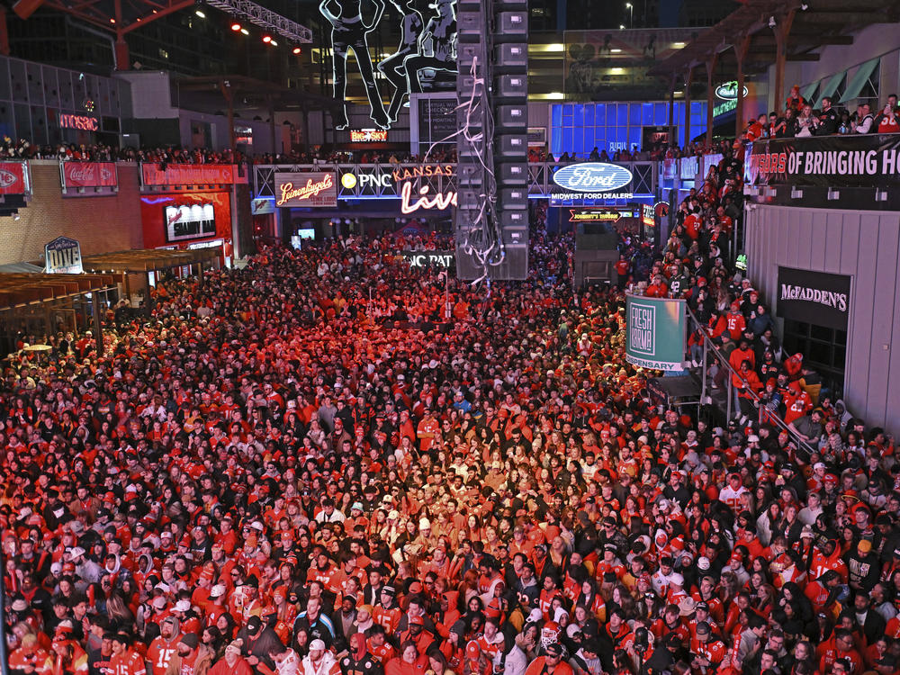 Kansas City Chiefs fans gather for a Super Bowl watch party in Kansas City, Mo., on Sunday. Viewership data show that <a href=
