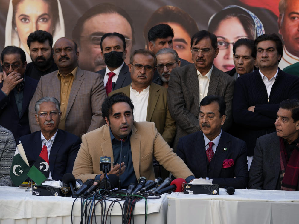 Bilawal-Bhutto Zardari (center bottom), chairman of Pakistan People's Party, speaks as party aids watch during a press conference regarding parliamentary elections, in Islamabad, Pakistan, on Tuesday.