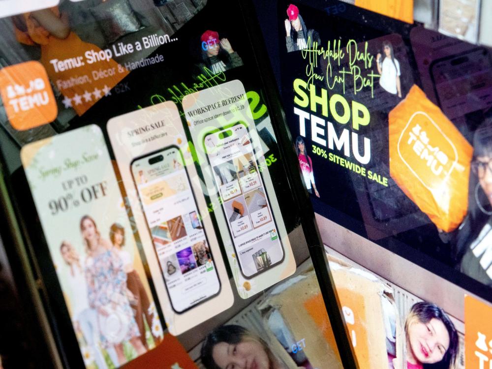 Temu has soared in popularity since it launched in 2022. Here, a photo illustration shows the Temu app in an app store reflected in videos of Temu consumers in Washington, D.C.