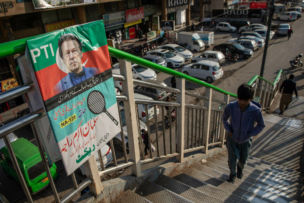 A campaign poster for Imran Khan, Pakistan's former prime minister, on an overpass ahead of Pakistan's national election in Lahore, Pakistan, on Friday, Feb. 2, 2024.