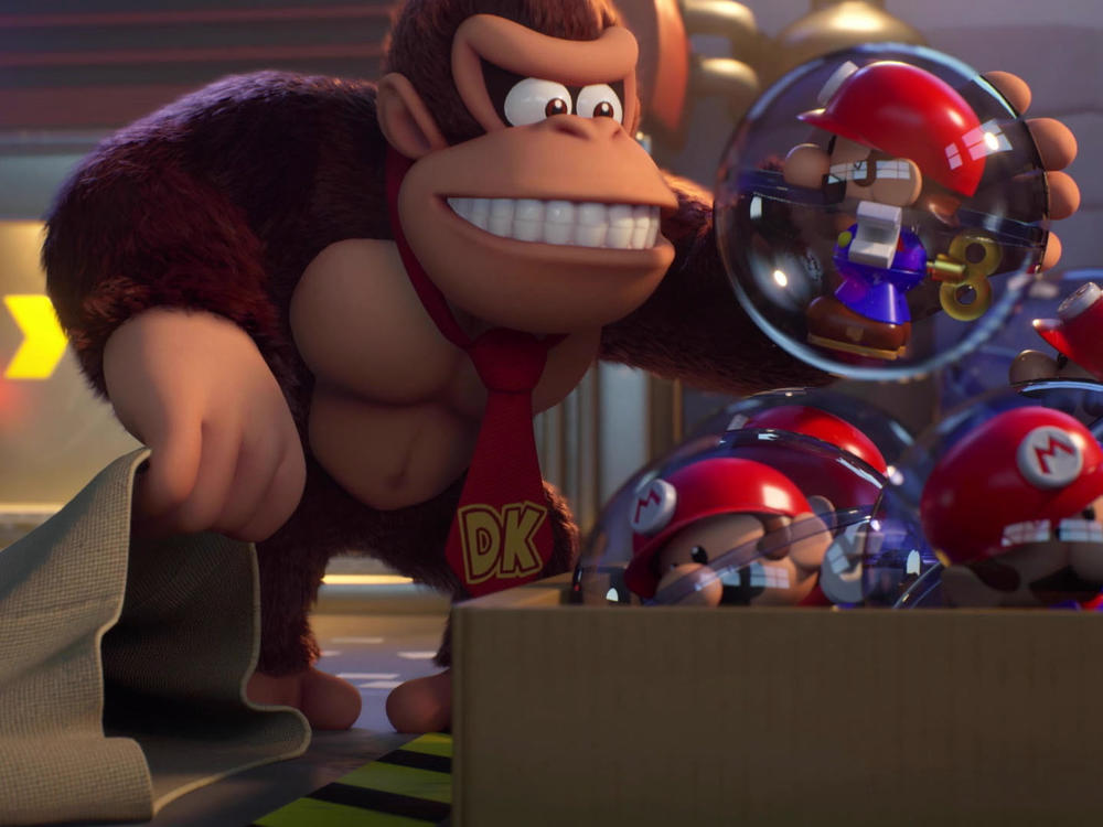 Donkey Kong, possessed by a consumerist frenzy for Mini-Mario toys.