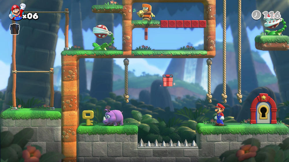 Collect presents and gold keys to progress through dozens of levels.