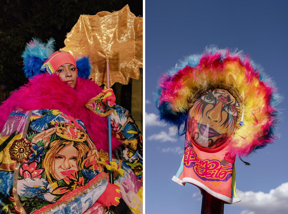 Lohanie Christine (left), 23, prepares to go out with the Bem Feito bate-bola crew during Carnival celebrations in Campo Grande, a neighborhood in Rio de Janeiro. A bate-bola mask (right) belonging to the Bem Feito crew hangs on a pole before the crew's third day of Carnival outings in Rio de Janeiro's west-side neighborhoods.