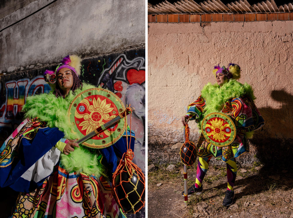 Sabrina Dias Veloso, 35, (left) a researcher and member of the Brilhetes bate-bola crew, and Vanessa de Souza Amorim, 31, (right) the leader of the Brilhetes bate-bola crew, after the group's first Carnival outing in Anchieta, a neighborhood of Rio de Janeiro.