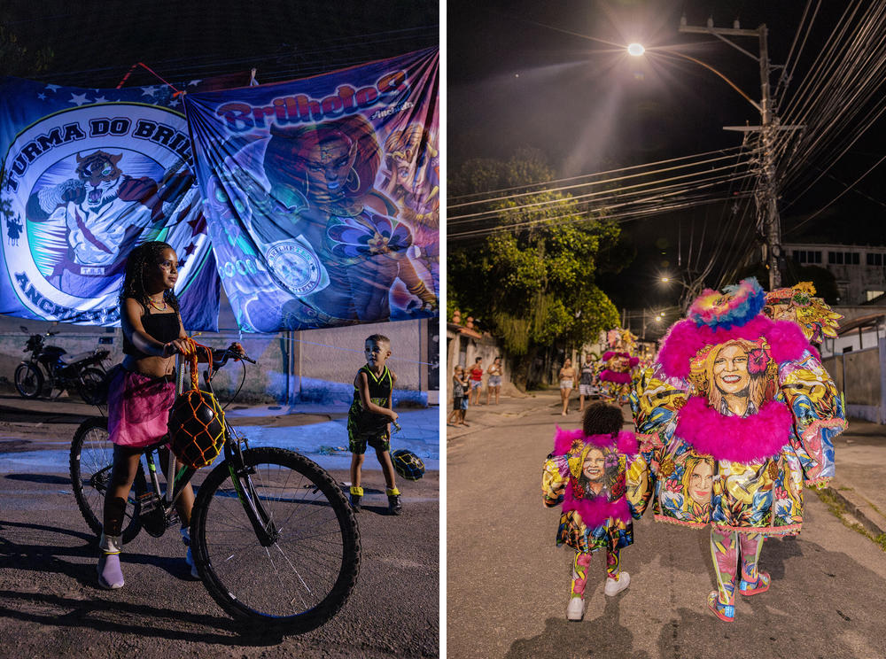 <strong>Left:</strong> Maria Clara, 10, plays in the street before the Brilhetes bate-bola group's first official Carnival outing. <strong>Right:</strong> Members of the bate-bola crew Bem Feito walk back to the bus after going out during Carnival celebrations in Pedra de Guaratiba.