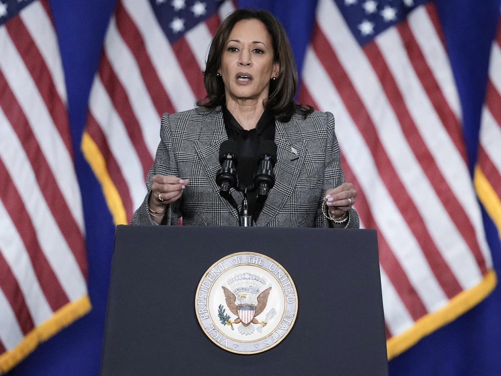 Harris speaks at an event in Big Bend, Wis., on Jan. 22.