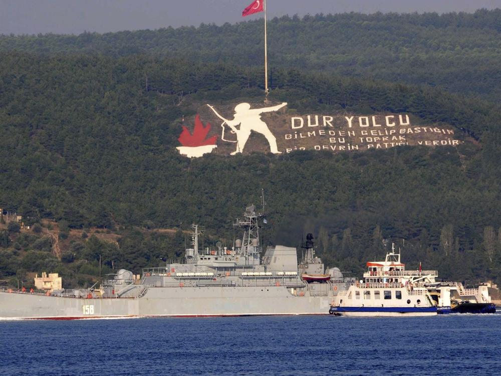 A Russian ship named Caesar Kunikov passes through the Dardanelles strait in Turkey en route to the Mediterranean Sea, on Oct. 4, 2015.