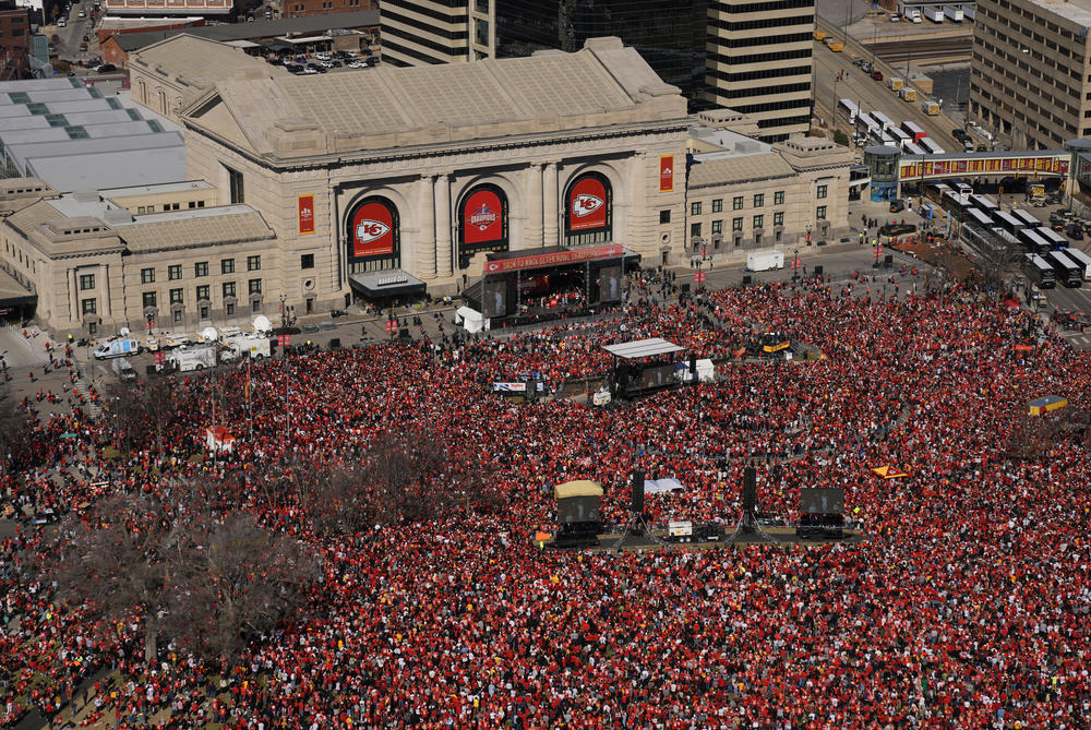 The Kansas City Chiefs celebrate during their victory rally at Union Station in Kansas City, Mo.