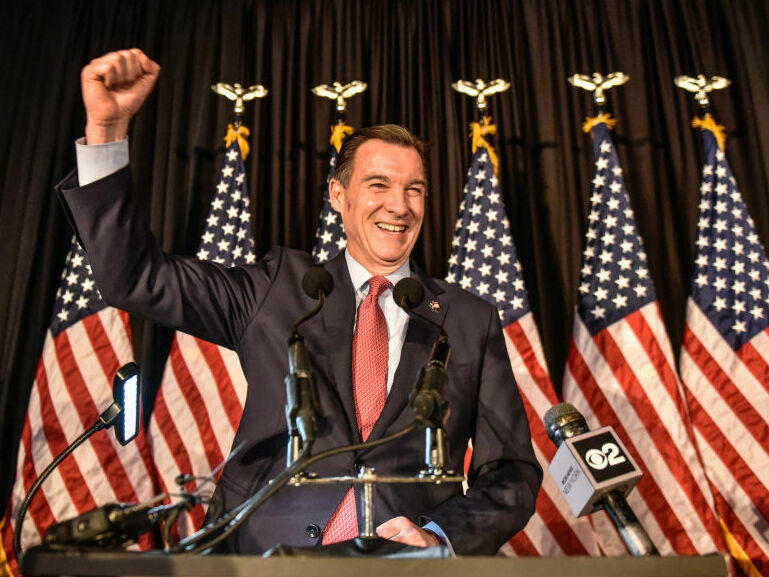 Democratic U.S. House candidate Tom Suozzi celebrates his victory in the special election to replace Republican Rep. George Santos on Tuesday in Woodbury, N.Y. Suozzi defeated Republican Mazi Pilip in a closely watched race.