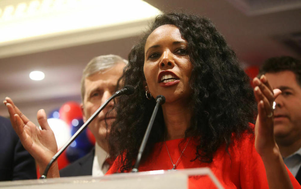 Republican U.S. House candidate Mazi Pilip addresses an election-night watch party after losing her race in a special election to replace former Republican Rep. George Santos on Tuesday in East Meadow, N.Y.