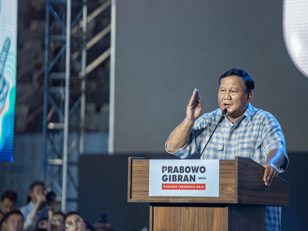 Indonesian presidential candidate Prabowo Subianto, the current defense minister, addresses supporters at an event Wednesday in Jakarta, Indonesia.