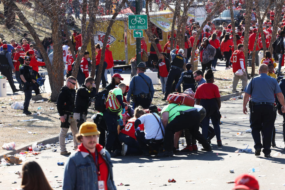Law enforcement and medical personnel respond to a shooting at Union Station during the Kansas City Chiefs' 2024 Super Bowl victory parade.