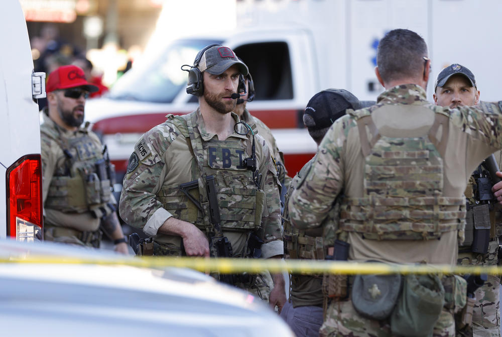 Members of law enforcement respond to a shooting at Union Station during the Kansas City Chiefs' Super Bowl victory parade.