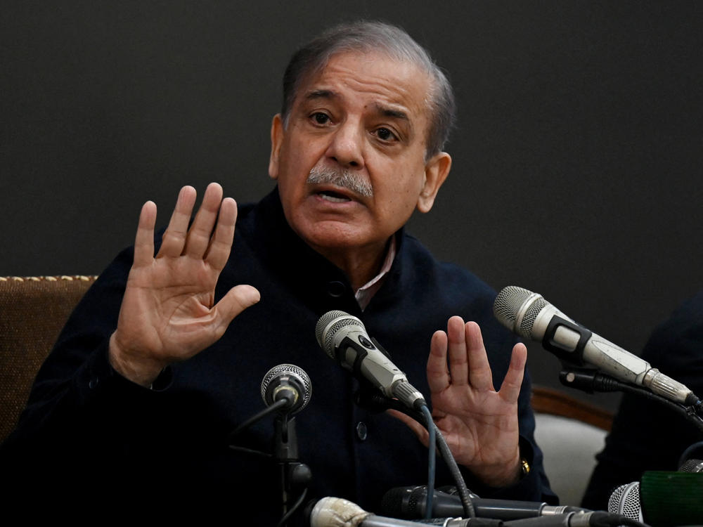 Pakistan's former prime minister and leader of the Pakistan Muslim League-Nawaz party Shehbaz Sharif speaks during a press conference in Lahore on Feb. 13, 2024.