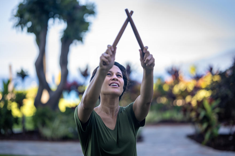 Hoku Pavao with MACC plays music during a hula class for children. Maui Arts and Cultural Center (MACC) Arts and Healing programming is held at the Royal Lahaina Resort where many displaced residents are temporarily staying.