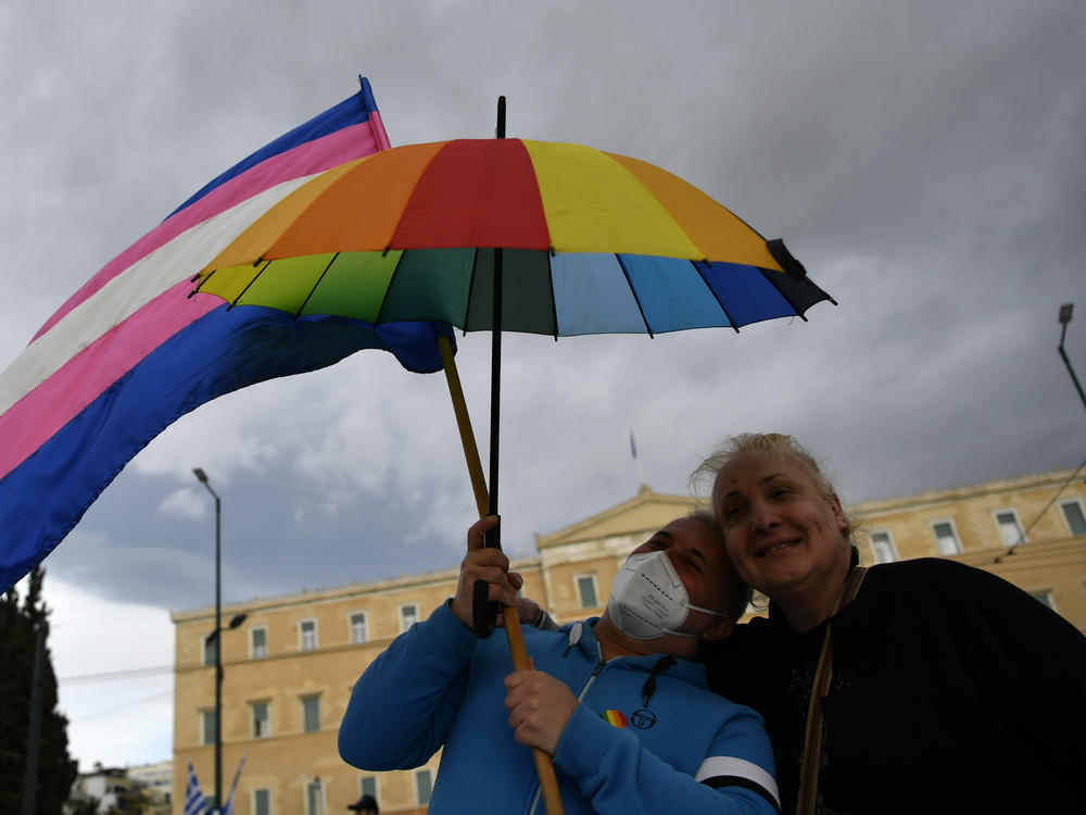 Supporters of same-sex marriage bill take part in a rally at central Syntagma Square, in Athens, Greece, on Thursday.