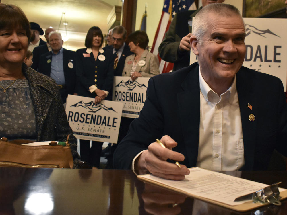 Montana Republican Rep. Matt Rosendale files paperwork to run for U.S. Senate on Feb. 9 at the state Capitol in Helena, Mt. Rosendale announced Thursday, Feb. 15, that he was ending his campaign after former President Donald Trump endorsed his Republican opponent, former Navy SEAL Tim Sheehy.