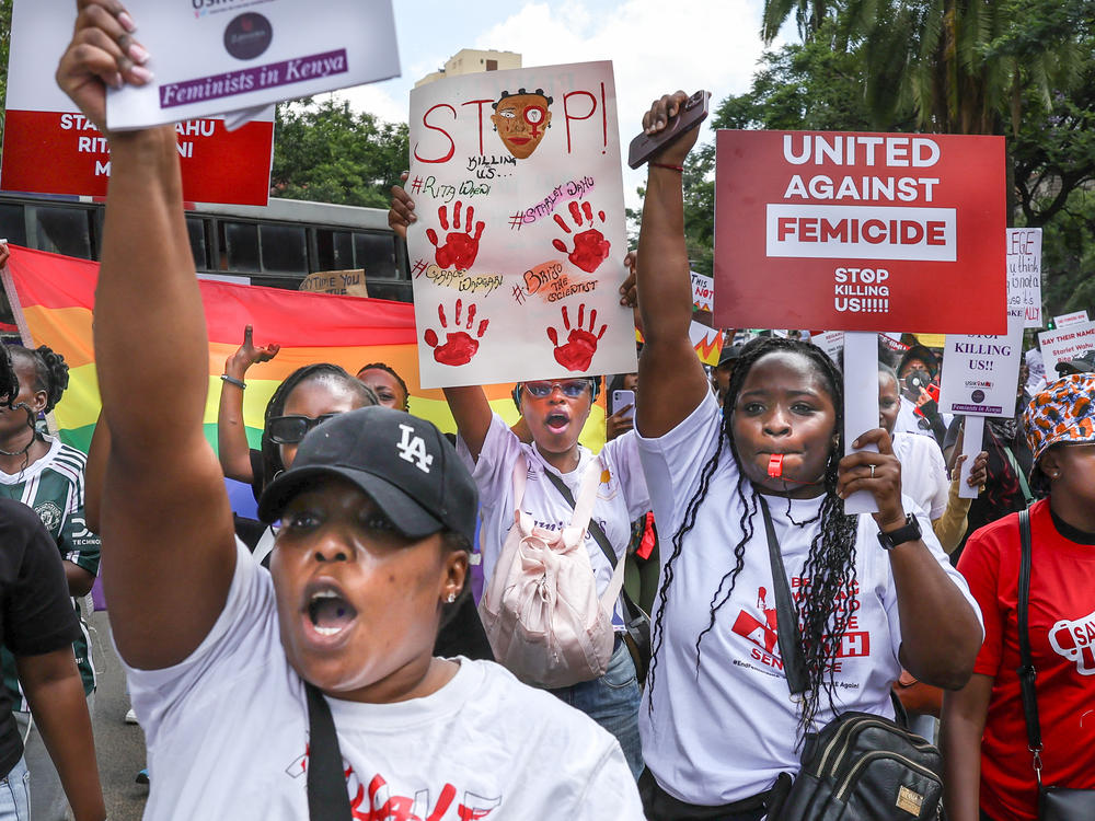 Activists march through the Central Business District of Nairobi on Jan. 27 at a demonstration calling for government action to address the murders of young women.