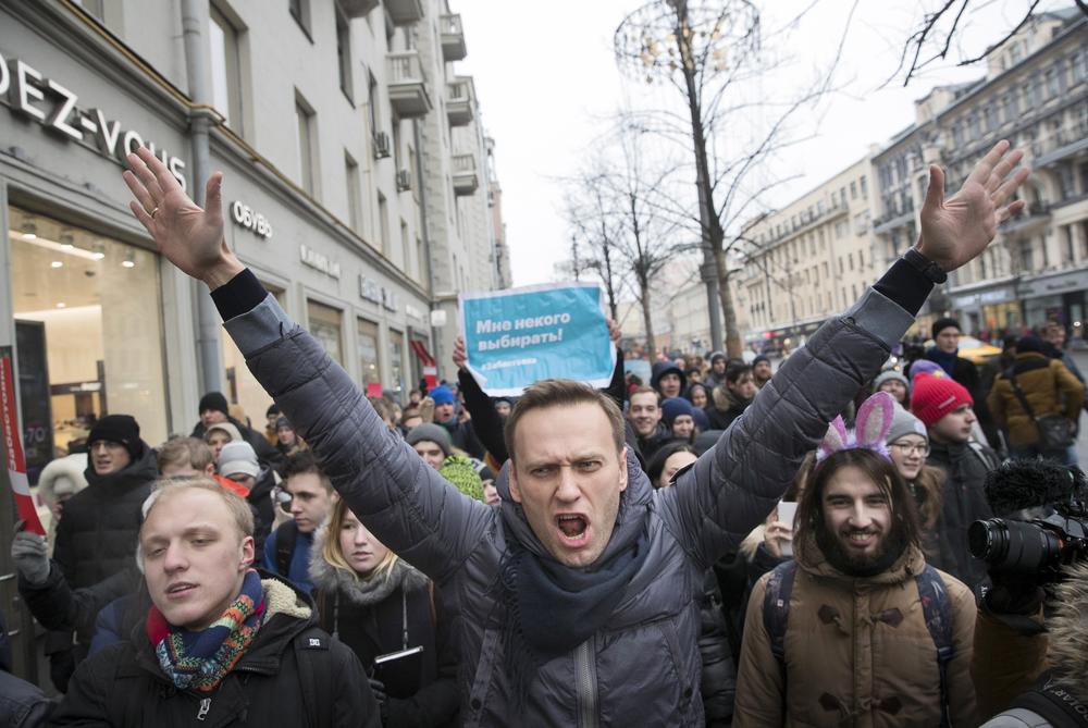 Jan. 28, 2018: Russian opposition leader Alexei Navalny, center, attends a rally in Moscow, Russia.
