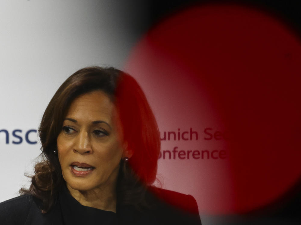 U.S. Vice President Kamala Harris speaks during the Munich Security Conference in Munich, Germany, on Friday.