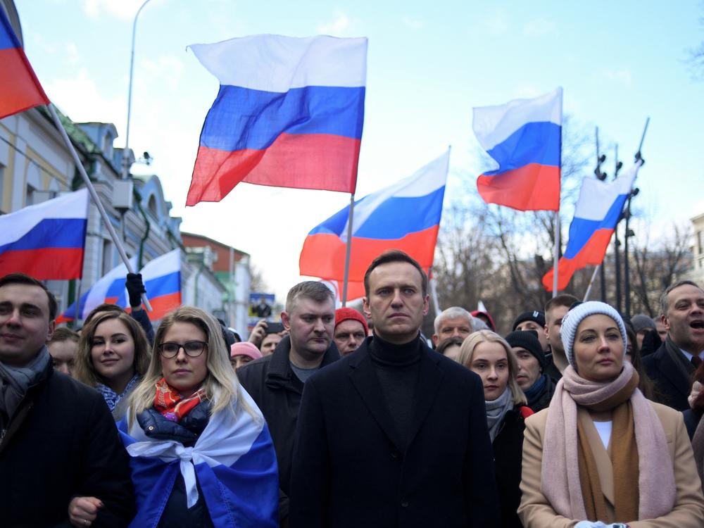 February 29, 2020: Russian opposition leader Alexei Navalny, his wife Yulia, opposition politician Lyubov Sobol and other demonstrators march in memory of murdered Kremlin critic Boris Nemtsov in downtown Moscow on