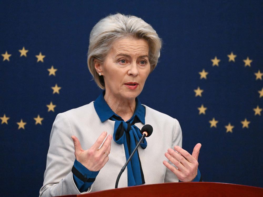 European Commission President Ursula von der Leyen speaks during a briefing after meetings with Chinese leaders at the China-EU Summit in Beijing on Dec. 7, 2023. The Commission has launched a probe into China's trade practices.