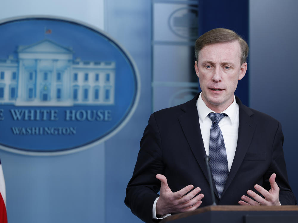 National security adviser Jake Sullivan, pictured at a White House briefing on Wednesday, spoke to <em>Morning Edition</em> about Russia's anti-satellite capability, U.S. aid to Ukraine and reports of the death of Alexei Navalny.