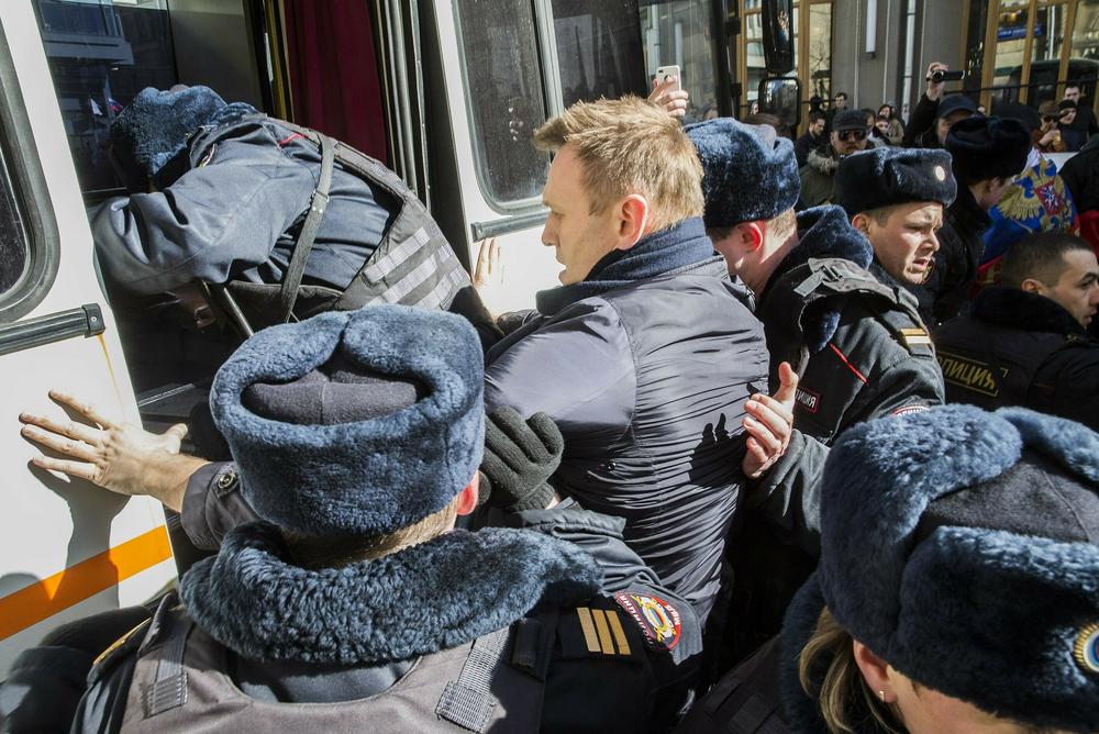 March 26, 2017: Police officers detain anti-corruption campaigner and opposition figure Alexei Navalny during an opposition rally in Moscow.