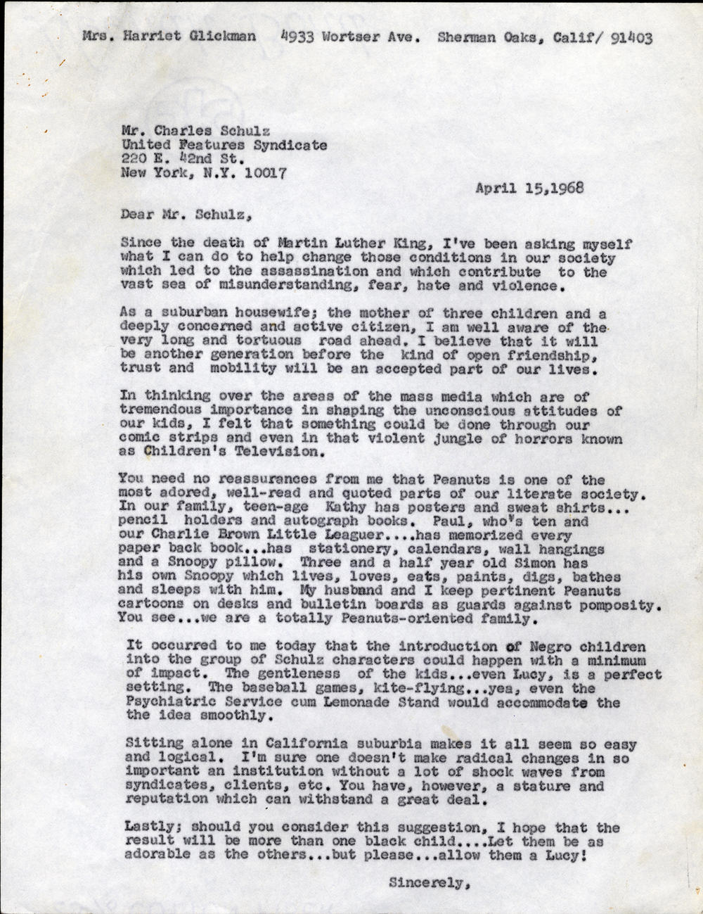A 1968 letter from schoolteacher Harriet Glickman to <em>Peanuts</em> creator Charles Schulz urges him to add a Black character to the comic strip.