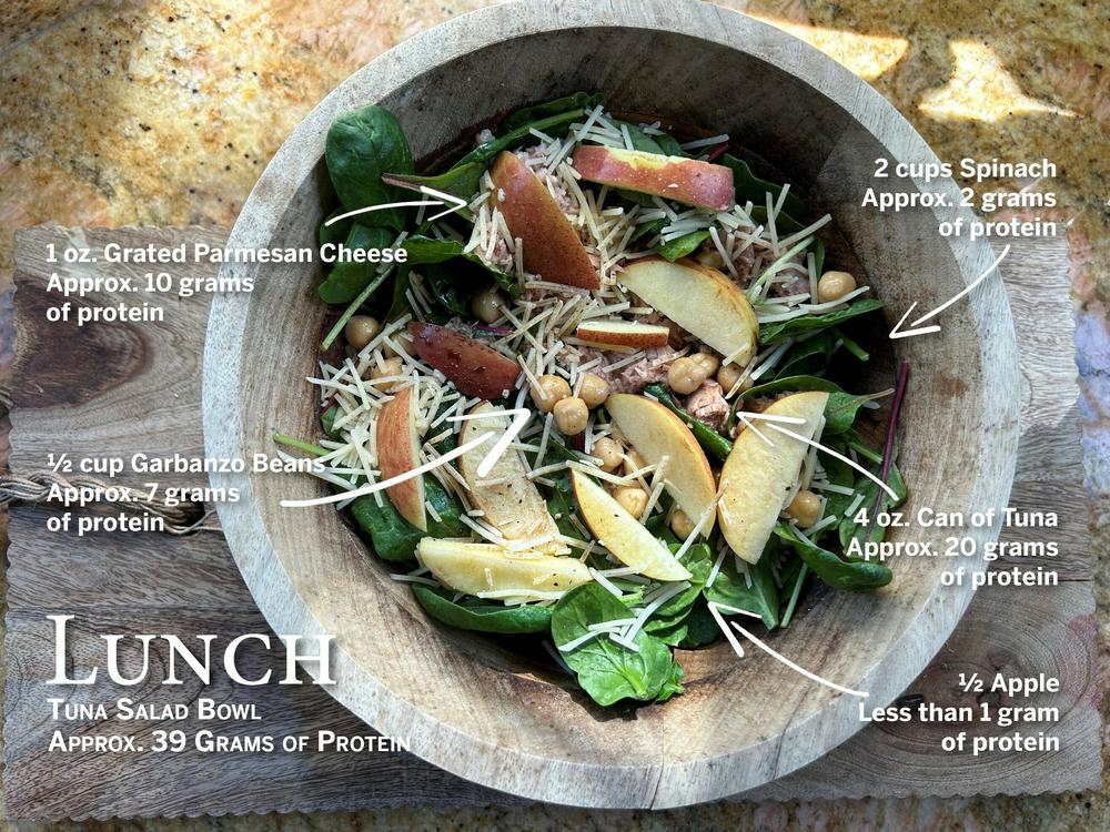 The parmesan cheese on this tuna and chickpea salad has a surprising amount of protein.