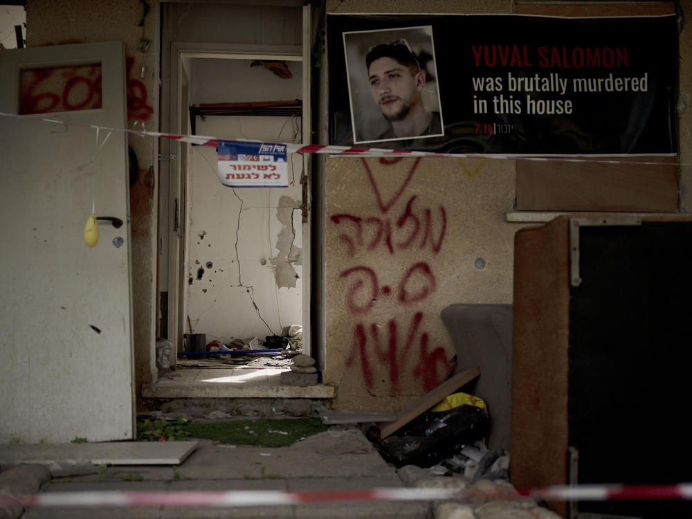 The home of Yuval Salomon, killed in Kibbutz Kfar Azza, in southern Israel, near the Gaza border, is shown on Tuesday, Feb. 13, the site of a cross-border attack by Hamas.