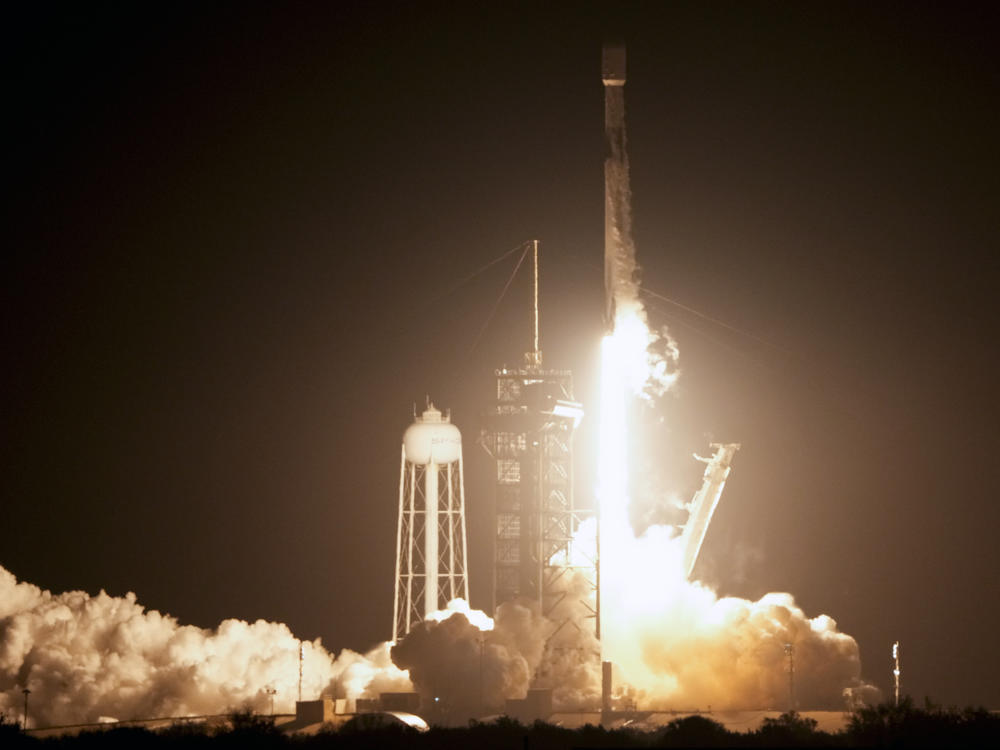 A SpaceX Falcon 9 rocket lifts off from Kennedy Space Center in Cape Canaveral, Fla., on Feb. 15, 2024. The rocket is carrying Intuitive Machines' lunar lander on its way to the moon, with a planned Feb. 22 touchdown.