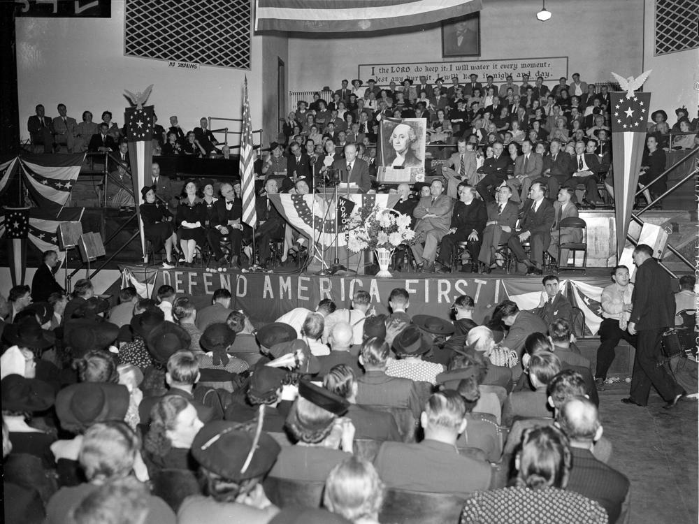 A crowd of over 4,000 people filled the Gospel Tabernacle in Fort Wayne, Ind., to hear Col. Charles Lindbergh, seen on the speaker's stand in the center, address a rally of the America First Committee on Oct. 3, 1941.