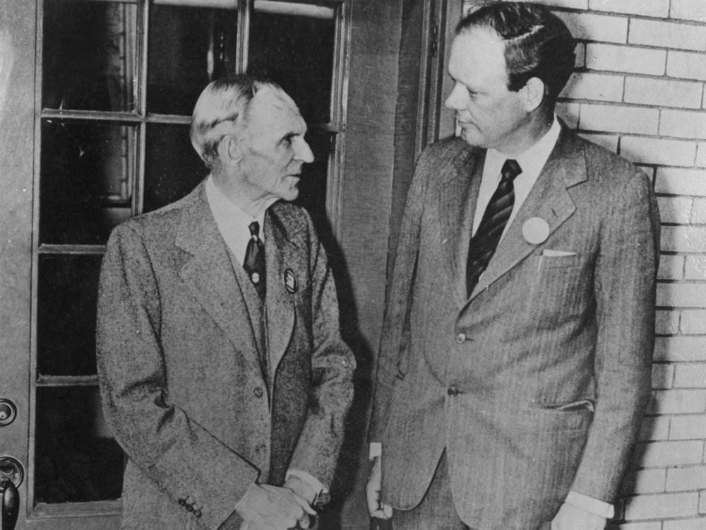 American aviator Charles Lindbergh, right, poses with Henry Ford in Dearborn, Mich., on April 14, 1942.
