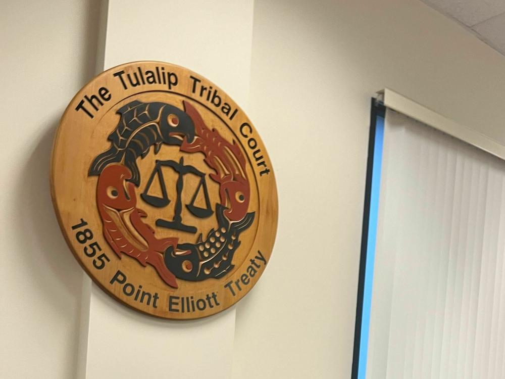 Tulalip Tribal Court Chief Judge Meredith Drent takes a seat below the court's official seal, which depicts four salmon encircling the scales of justice.