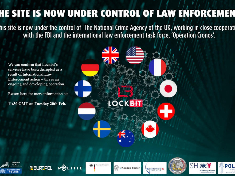 A screenshot taken on February 19, 2024 shows a take down notice that a group of global intelligence agencies issued to a dark web site called Lockbit.
