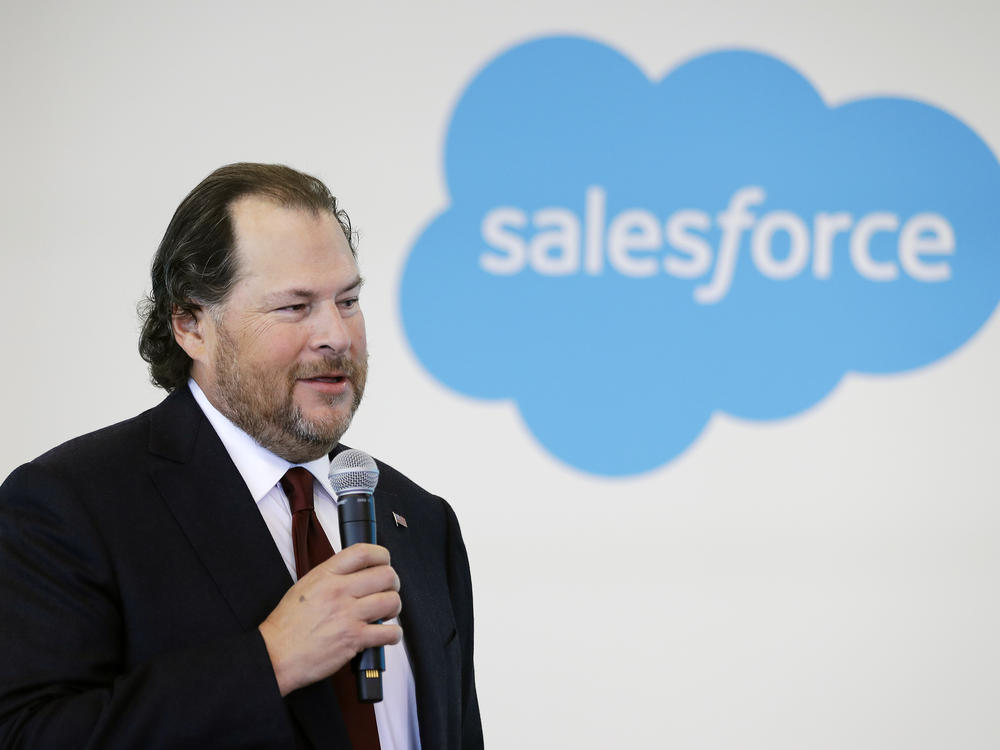 Benioff speaks during a news conference in 2019. He is adamant that he is not building a Salesforce facility in Waimea.