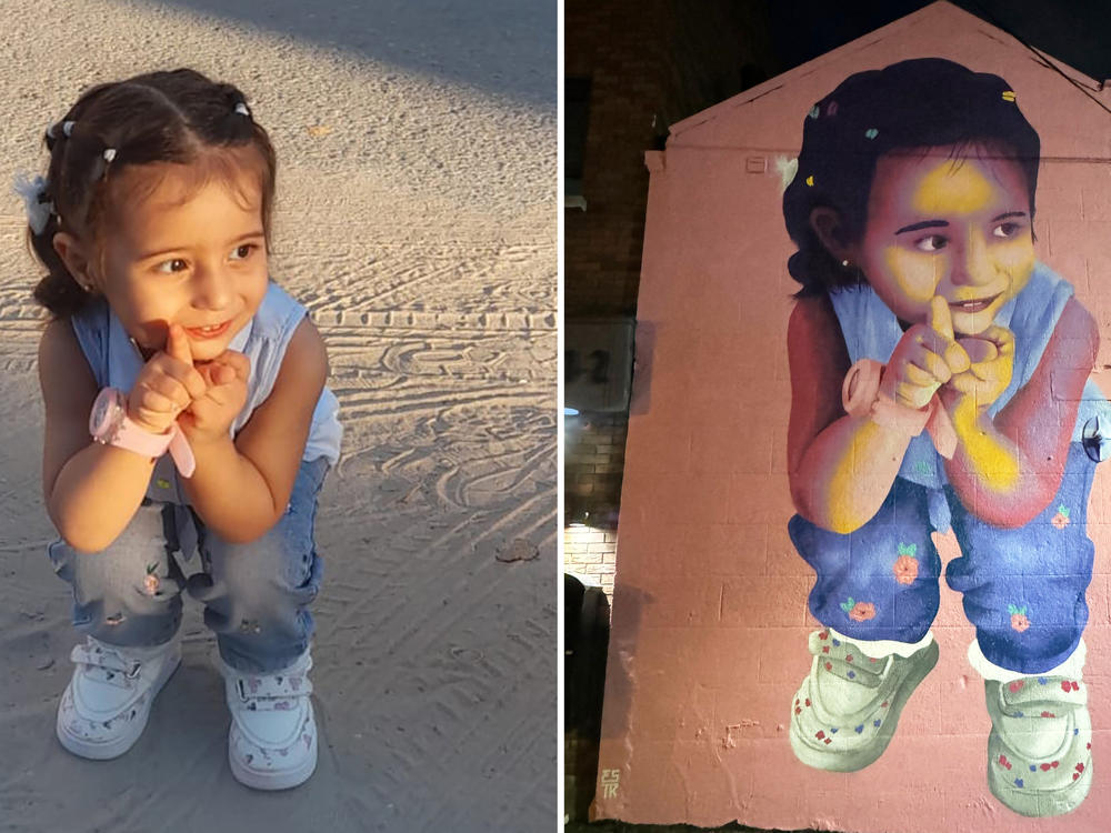 A picture of 2-year-old Masa and the finished mural done by Emmalene Blake.