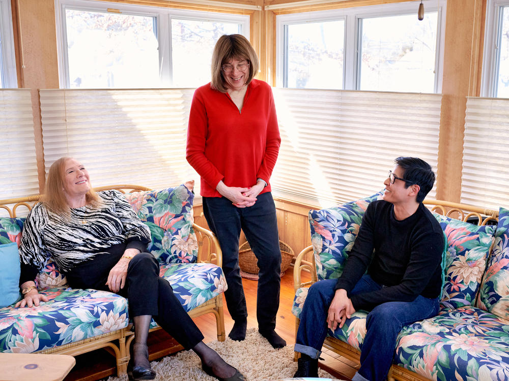 (From left to right) Portrait of Nicole Brownstein, Bernie Wagenblast, and Patrick Buenaventura at Wagenblast's home in Cranford, NJ, on Monday, Feb. 19, 2024.