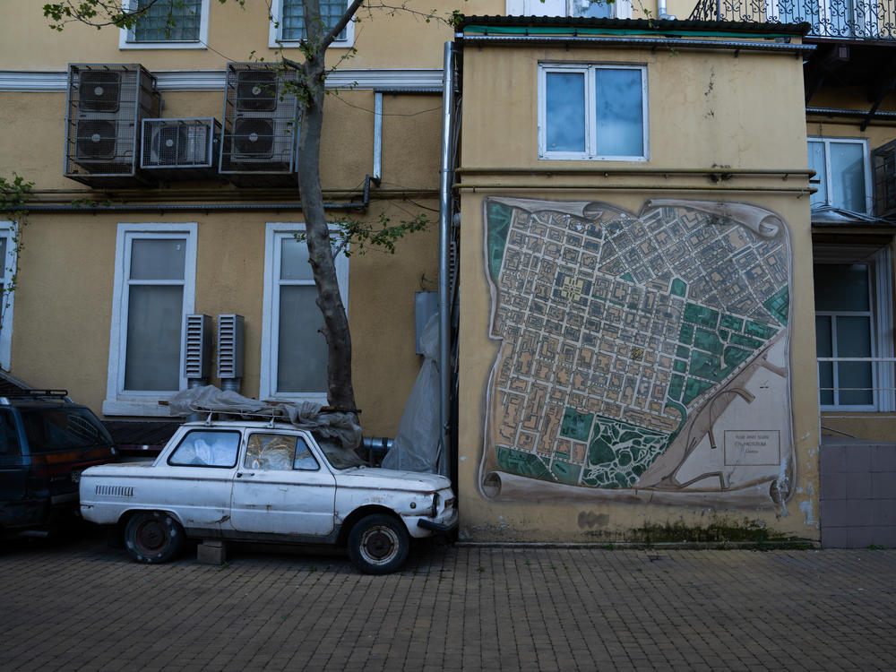 A historic map of the city is seen on a wall in Odesa.