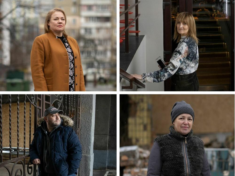 Clockwise from top left: lawyer Liudmyla Lysenko in Kyiv; restaurant co-owner Iryna Savchenko in Kramatorsk; tour guide Artem Vasyuta in Odesa; homemaker Nataliya Kucherenko in the Sumy region; obstetrician Iryna Kulbach in Dnipro; and architect Max Rozenfeld in Kharkiv.