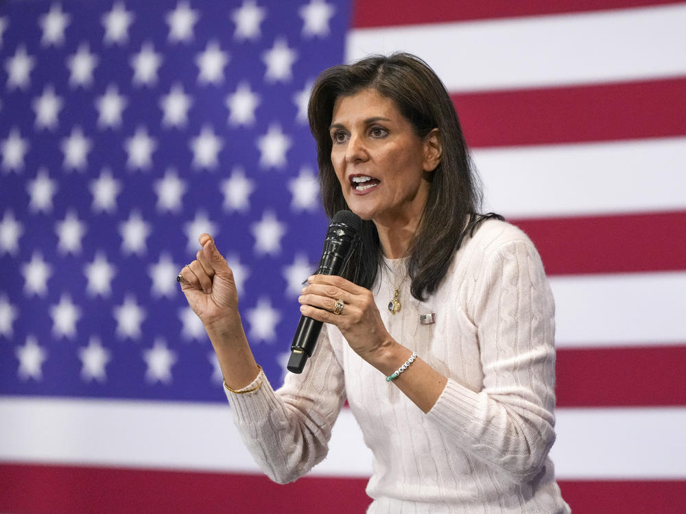 Republican presidential candidate and former U.N. Ambassador Nikki Haley speaks at a campaign event on Monday in Greer, S.C.
