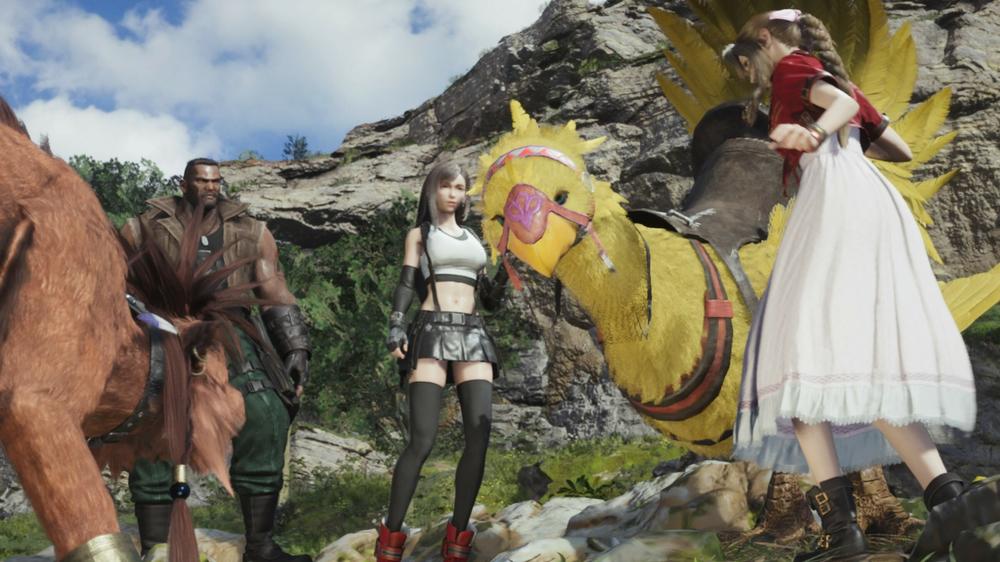 Exploring the Grasslands with Red XIII, Barrett, Tifa, Aerith, and our Chocobo companion.