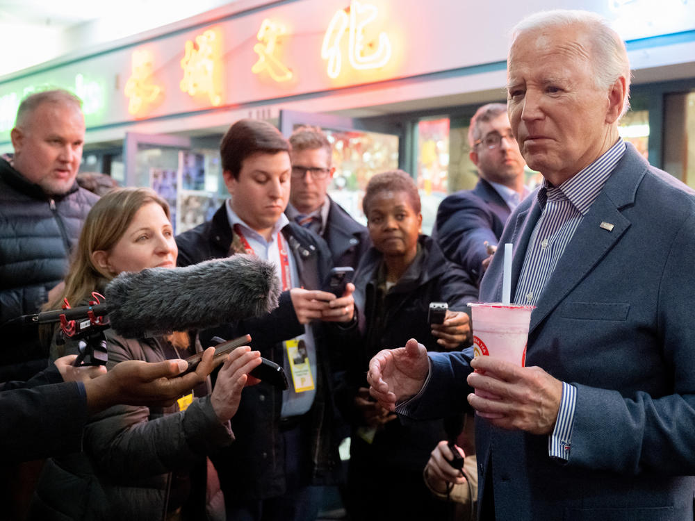 President Biden speaks with reporters while visiting the No. 1 Boba Tea shop in Las Vegas on Feb. 5, 2024.