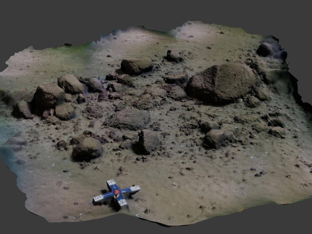 A 3D model of a short section of the stone wall. The scale at the bottom of the image measures 50 cm.