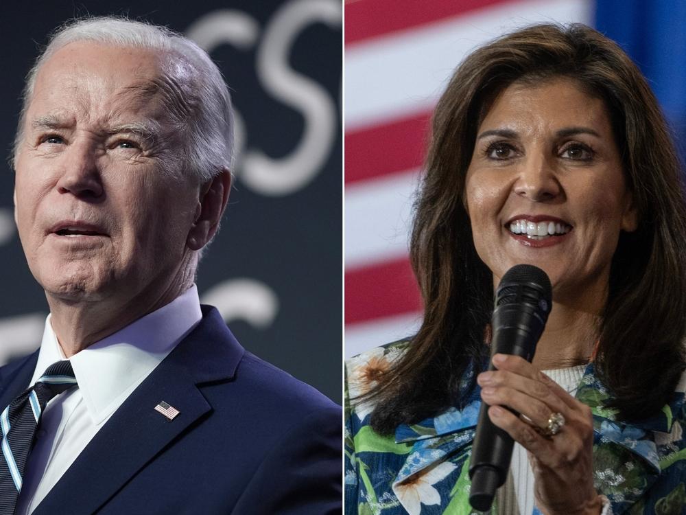 Left: President Joe Biden delivers remarks to the National Association of Counties Legislative Conference on Feb. 12 in Washington. Right: Nikki Haley, former governor of South Carolina and 2024 Republican presidential candidate, during a bus tour campaign event in South Carolina on Feb. 21.