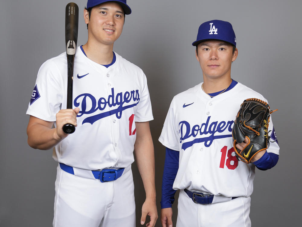 Some critics of the new MLB uniform have pointed to this photo of Los Angeles Dodgers hitter Shohei Ohtani, (left), and starting pitcher Yoshinobu Yamamoto, taken on Wednesday, as an example of how see-through the new pants are.