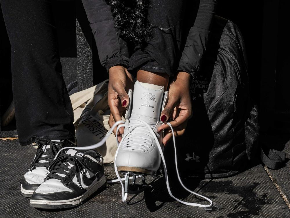 Toni Smith of Howard University's figure skating team prepares to practice at Canal Park Ice Rink in Washington, D.C.
