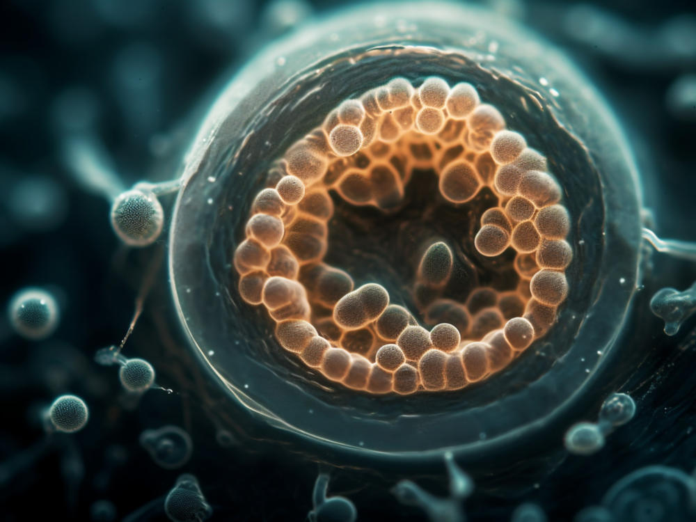 An illustration of the blastocyst stage of embryo development at about five to nine days after fertilization. The outer layer will grow to form the placenta. The inner cells will become the fetus.